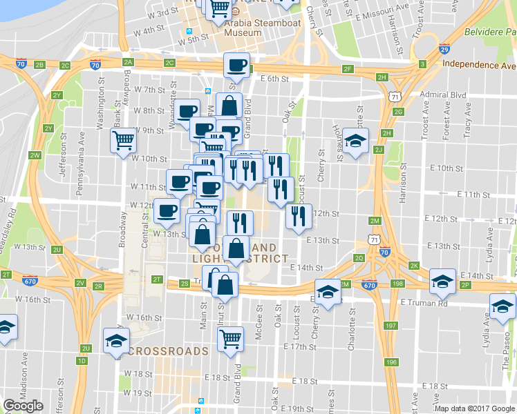 map of restaurants, bars, coffee shops, grocery stores, and more near in Kansas City