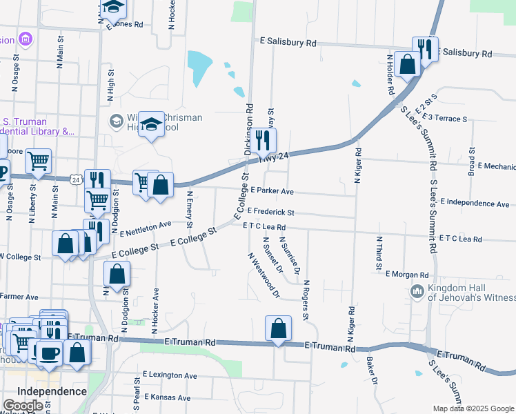 map of restaurants, bars, coffee shops, grocery stores, and more near 925 East Parker Avenue in Independence