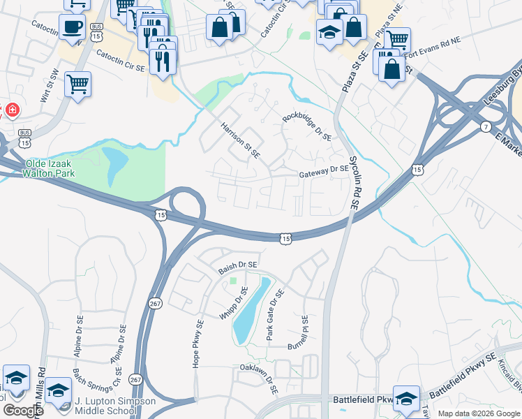 map of restaurants, bars, coffee shops, grocery stores, and more near 865 Vanderbilt Terrace Southeast in Leesburg
