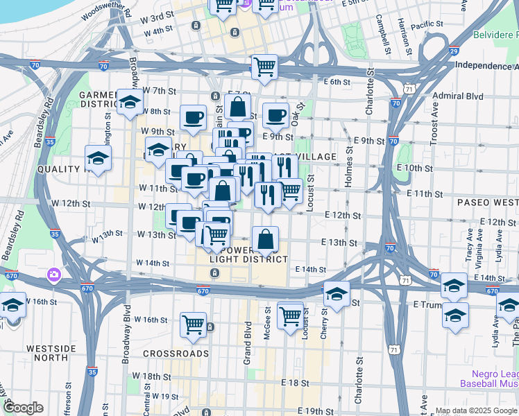 map of restaurants, bars, coffee shops, grocery stores, and more near 1125 Grand Boulevard in Kansas City