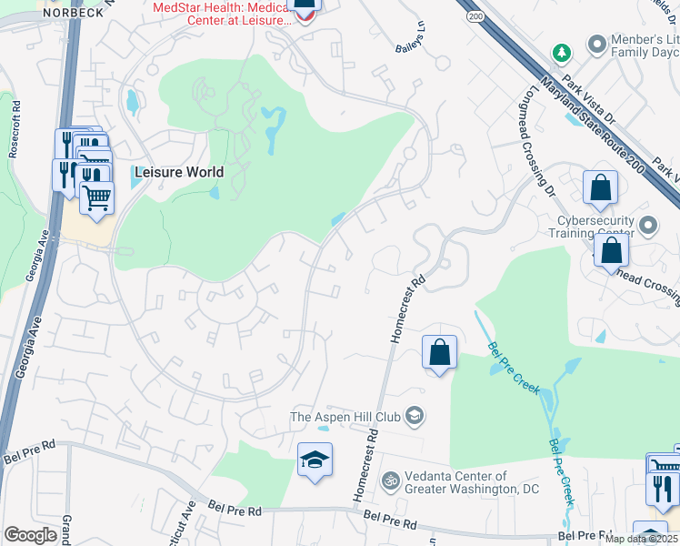 map of restaurants, bars, coffee shops, grocery stores, and more near 3117 Farnborough Court in Silver Spring