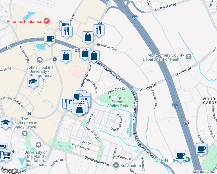 map of restaurants, bars, coffee shops, grocery stores, and more near 719 Fallsgrove Drive in Rockville