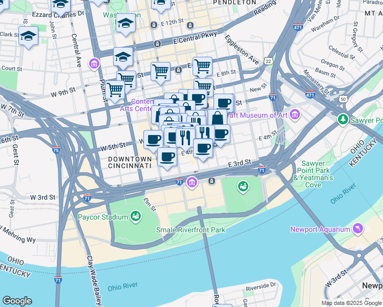map of restaurants, bars, coffee shops, grocery stores, and more near 49 East 4th Street in Cincinnati