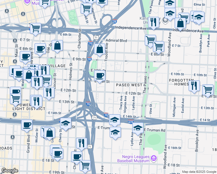 map of restaurants, bars, coffee shops, grocery stores, and more near 1101 Troost Avenue in Kansas City