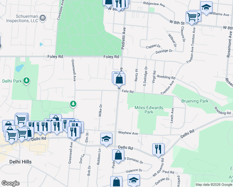 map of restaurants, bars, coffee shops, grocery stores, and more near 4528 Fehr Road in Cincinnati