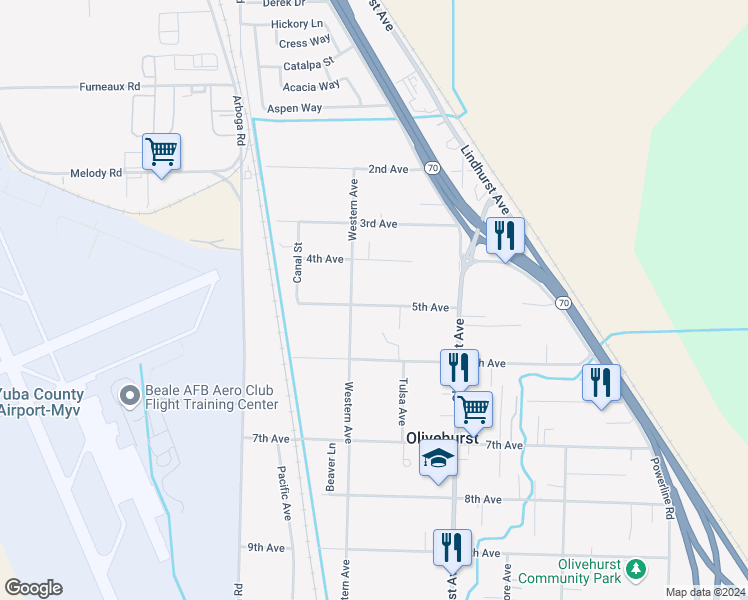 map of restaurants, bars, coffee shops, grocery stores, and more near 1651 5th Avenue in Olivehurst