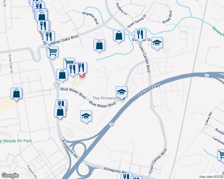 map of restaurants, bars, coffee shops, grocery stores, and more near 302 Assembly Point Court in Odenton