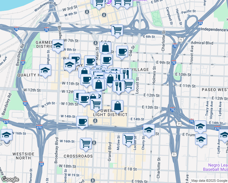 map of restaurants, bars, coffee shops, grocery stores, and more near 1120 Grand Boulevard in Kansas City