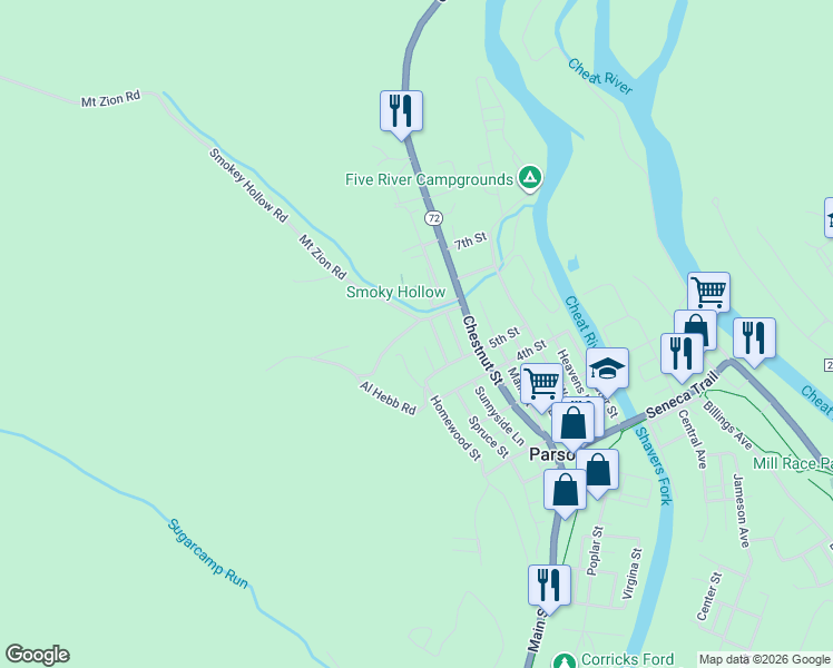 map of restaurants, bars, coffee shops, grocery stores, and more near 411 Waynewood Street in Parsons