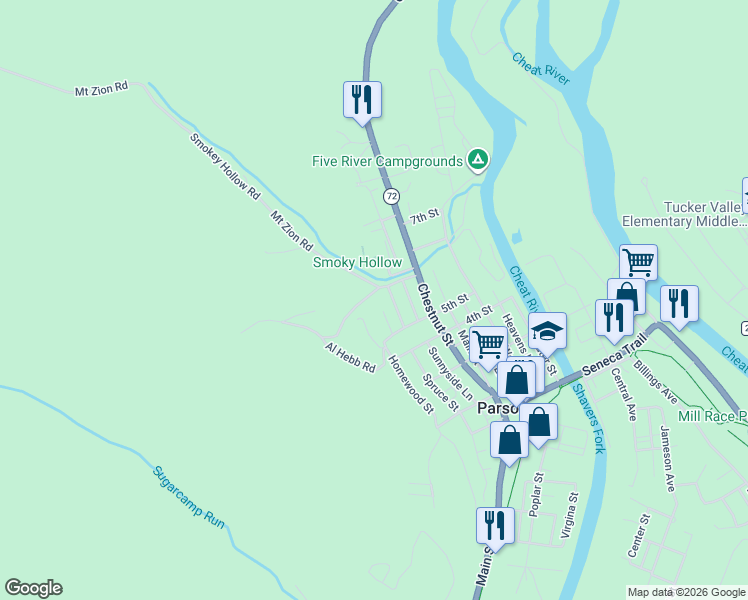 map of restaurants, bars, coffee shops, grocery stores, and more near 411 Waynewood Street in Parsons