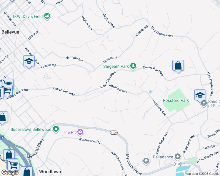 map of restaurants, bars, coffee shops, grocery stores, and more near 759 Covert Run Pike in Bellevue