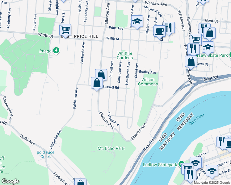 map of restaurants, bars, coffee shops, grocery stores, and more near 483 Considine Avenue in Cincinnati