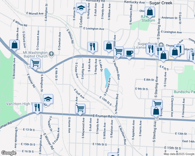 map of restaurants, bars, coffee shops, grocery stores, and more near 629 South Hardy Avenue in Independence
