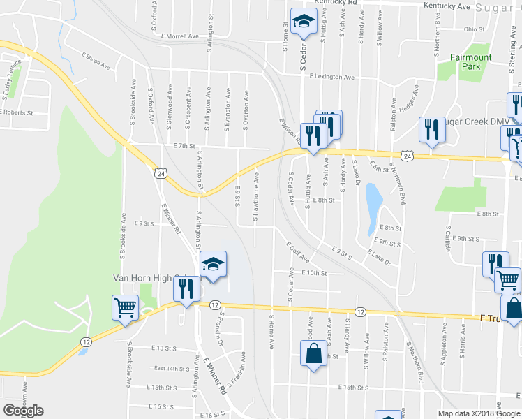 map of restaurants, bars, coffee shops, grocery stores, and more near 814 South Hawthorne Avenue in Independence