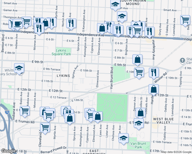 map of restaurants, bars, coffee shops, grocery stores, and more near 1014 Elmwood Avenue in Kansas City