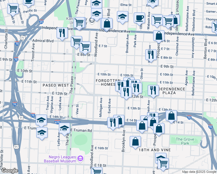 map of restaurants, bars, coffee shops, grocery stores, and more near 1940 East 11 Street in Kansas City