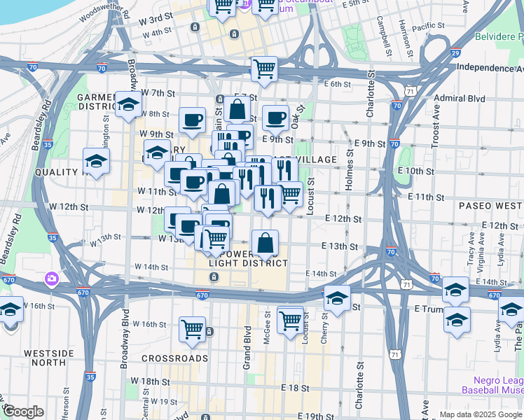 map of restaurants, bars, coffee shops, grocery stores, and more near 1120 Grand Boulevard in Kansas City