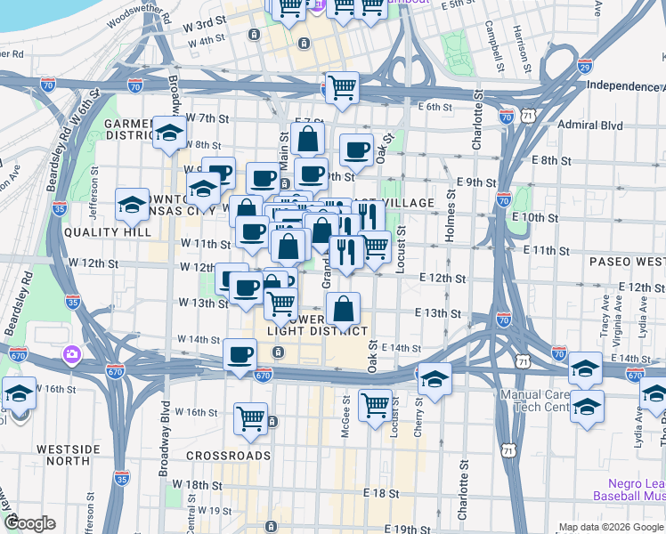 map of restaurants, bars, coffee shops, grocery stores, and more near 1120 Grand Boulevard in Kansas City