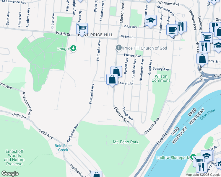map of restaurants, bars, coffee shops, grocery stores, and more near 470 Crestline Avenue in Cincinnati