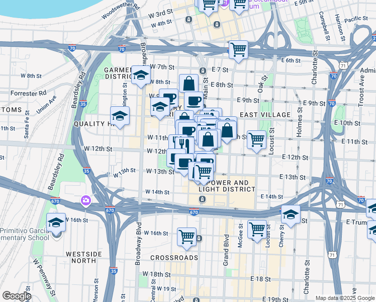 map of restaurants, bars, coffee shops, grocery stores, and more near 104 West 12th Street in Kansas City