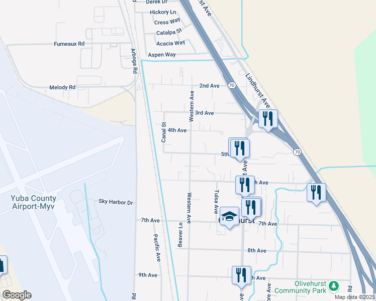 map of restaurants, bars, coffee shops, grocery stores, and more near 1619 5th Avenue in Olivehurst