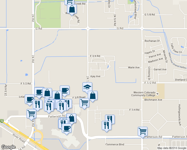 map of restaurants, bars, coffee shops, grocery stores, and more near 2450 Ajay Avenue in Grand Junction