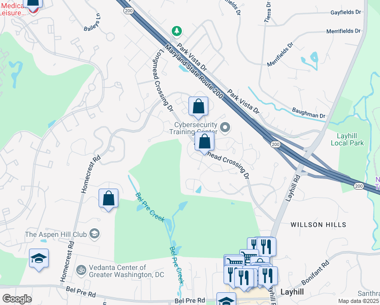 map of restaurants, bars, coffee shops, grocery stores, and more near 14949 Ladymeade Circle in Silver Spring
