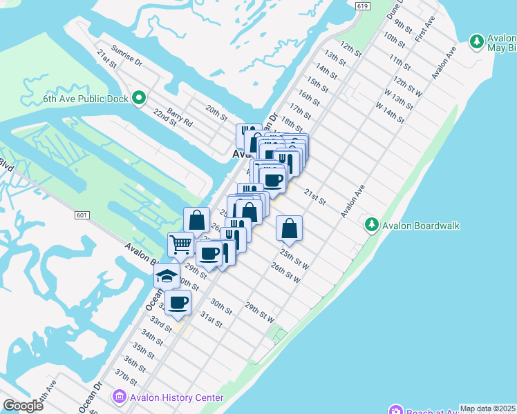 map of restaurants, bars, coffee shops, grocery stores, and more near 2320 Dune Drive in Avalon