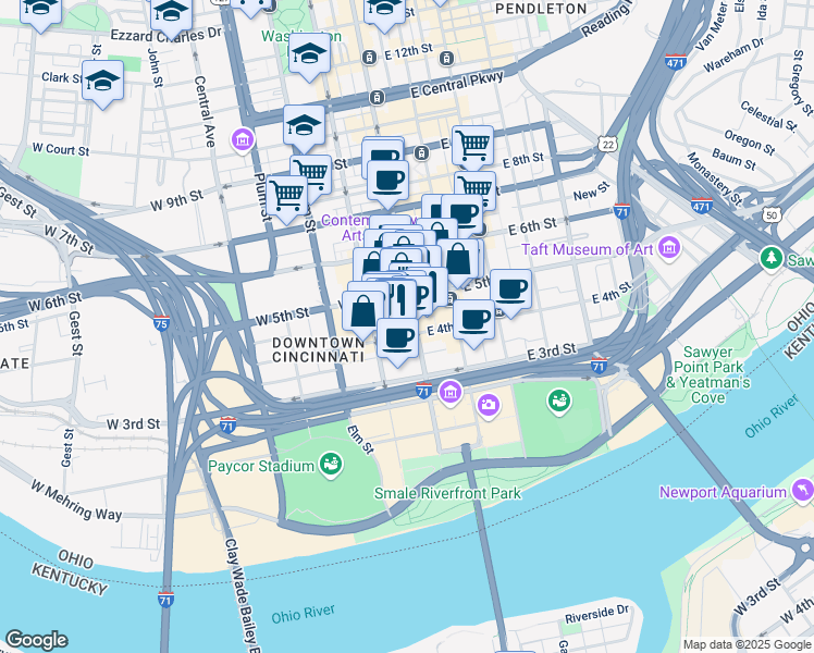 map of restaurants, bars, coffee shops, grocery stores, and more near 495 Vine Street in Cincinnati