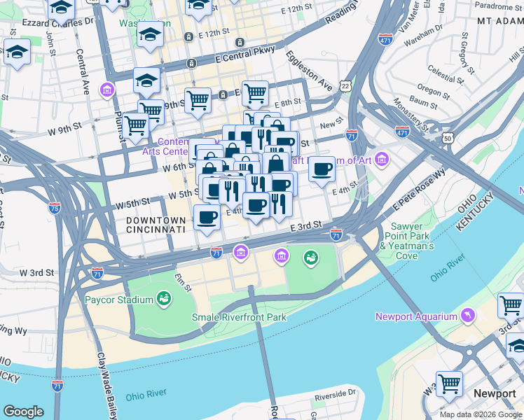 map of restaurants, bars, coffee shops, grocery stores, and more near 127 East 4th Street in Cincinnati