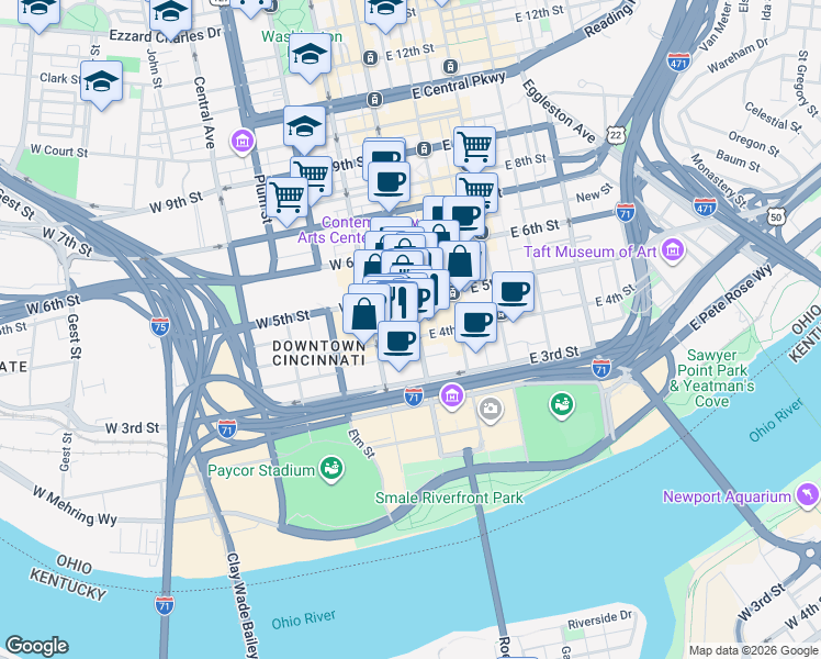 map of restaurants, bars, coffee shops, grocery stores, and more near 495 Vine Street in Cincinnati