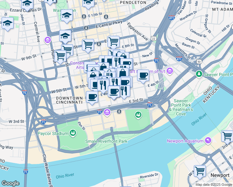 map of restaurants, bars, coffee shops, grocery stores, and more near in Cincinnati