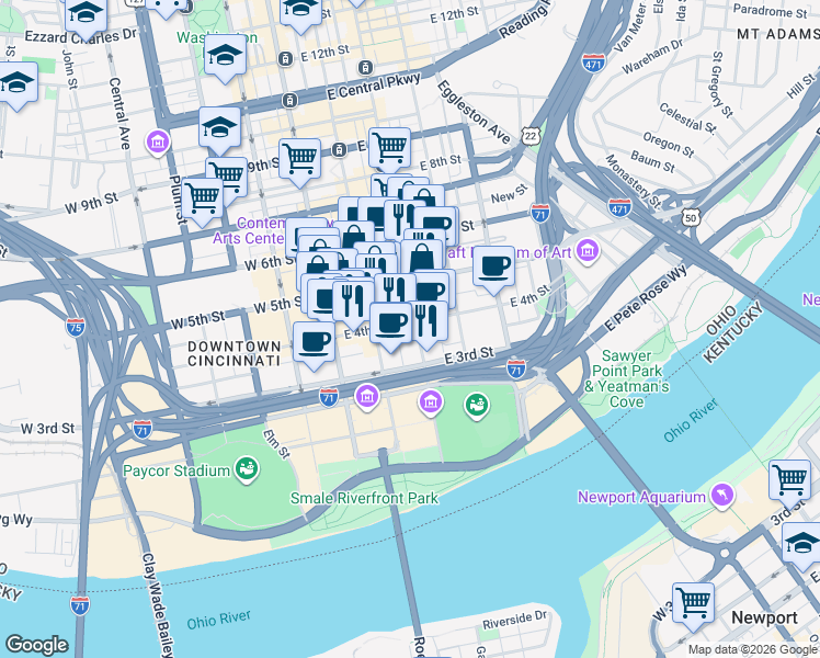 map of restaurants, bars, coffee shops, grocery stores, and more near 139 East 4th Street in Cincinnati