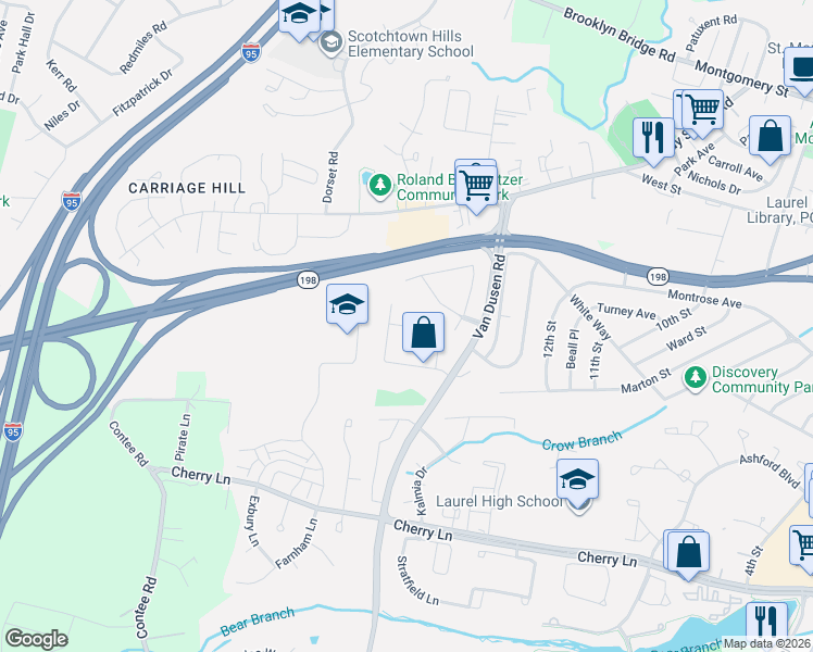map of restaurants, bars, coffee shops, grocery stores, and more near 7604 S Arbory Ct in Laurel