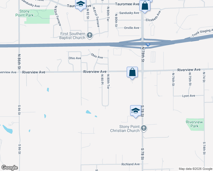 map of restaurants, bars, coffee shops, grocery stores, and more near 115 North 80 Terrace in Kansas City