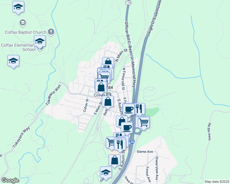 map of restaurants, bars, coffee shops, grocery stores, and more near 0 Grass Valley Street in Colfax