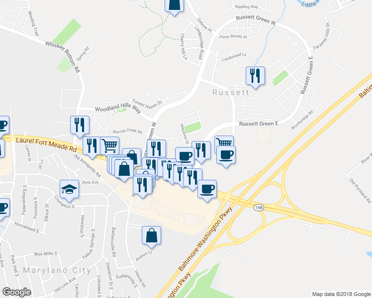 map of restaurants, bars, coffee shops, grocery stores, and more near 8620 Mayaone Street in Laurel