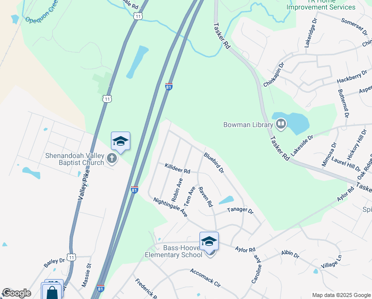 map of restaurants, bars, coffee shops, grocery stores, and more near 211 Robin Avenue in Stephens City