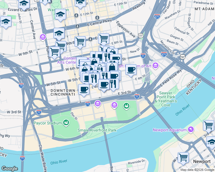 map of restaurants, bars, coffee shops, grocery stores, and more near in Cincinnati