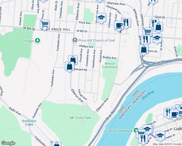 map of restaurants, bars, coffee shops, grocery stores, and more near 534 Hawthorne Avenue in Cincinnati