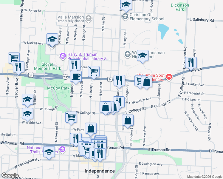 map of restaurants, bars, coffee shops, grocery stores, and more near 906 North Lynn Street in Independence