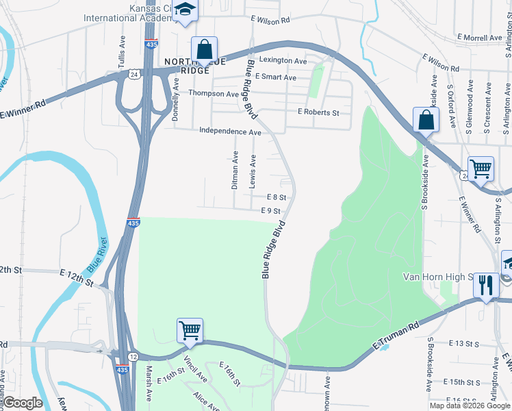 map of restaurants, bars, coffee shops, grocery stores, and more near 8801 East 8 Street in Kansas City