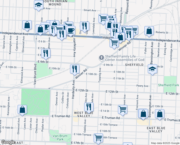 map of restaurants, bars, coffee shops, grocery stores, and more near 5605 Winner Road in Kansas City