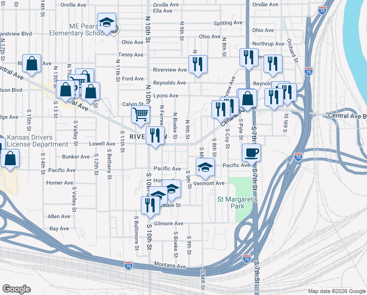 map of restaurants, bars, coffee shops, grocery stores, and more near 901 Central Avenue in Kansas City