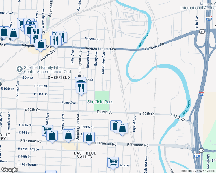 map of restaurants, bars, coffee shops, grocery stores, and more near 911 Cambridge Avenue in Kansas City