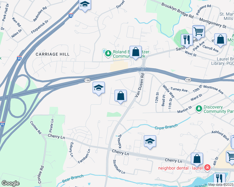 map of restaurants, bars, coffee shops, grocery stores, and more near 7629 South Arbory Lane in Laurel