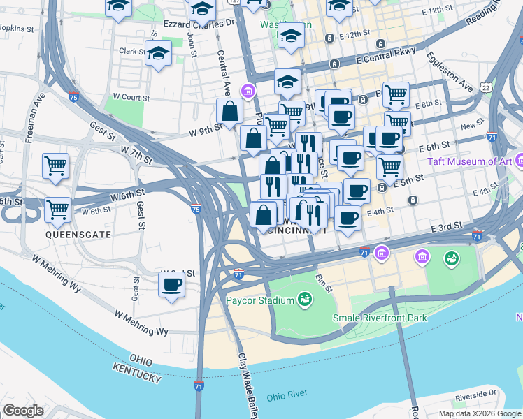 map of restaurants, bars, coffee shops, grocery stores, and more near 337 West 5th Street in Cincinnati