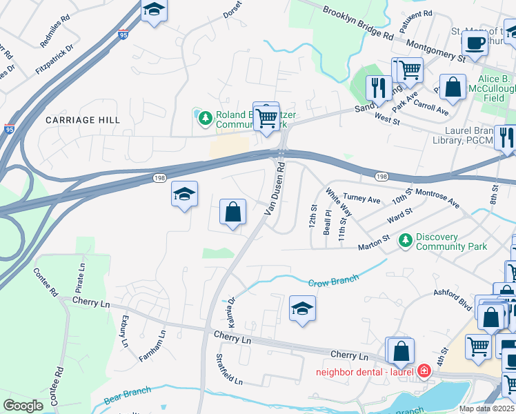 map of restaurants, bars, coffee shops, grocery stores, and more near 7671 Arbory Court in Laurel