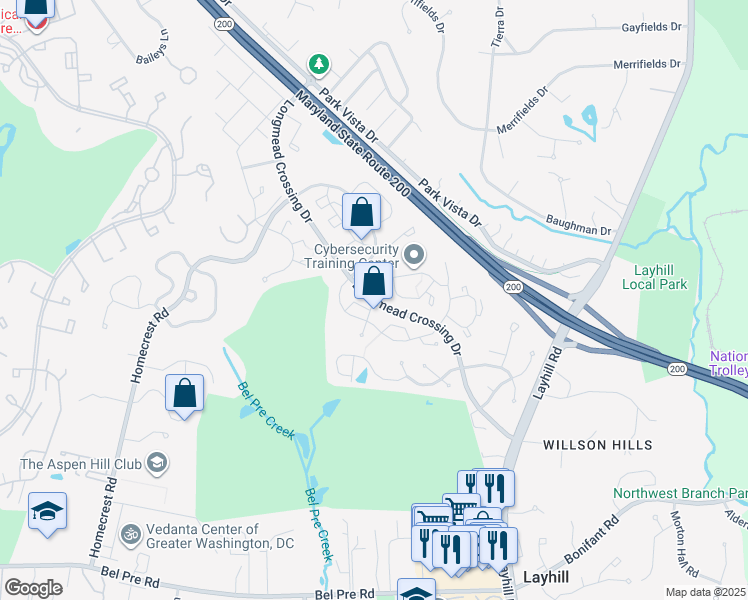 map of restaurants, bars, coffee shops, grocery stores, and more near Longmead Crossing Drive in Aspen Hill