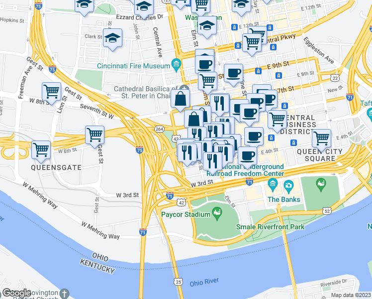 map of restaurants, bars, coffee shops, grocery stores, and more near 337 West 5th Street in Cincinnati